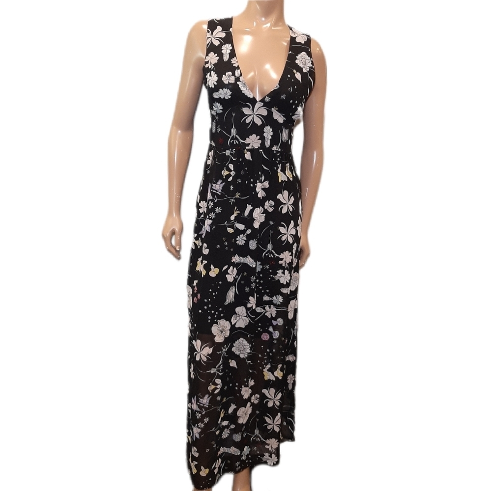 H&M Concious Floral Maxi Dress Sleeveless Low Vneck Sheer Chiffon Side Slit